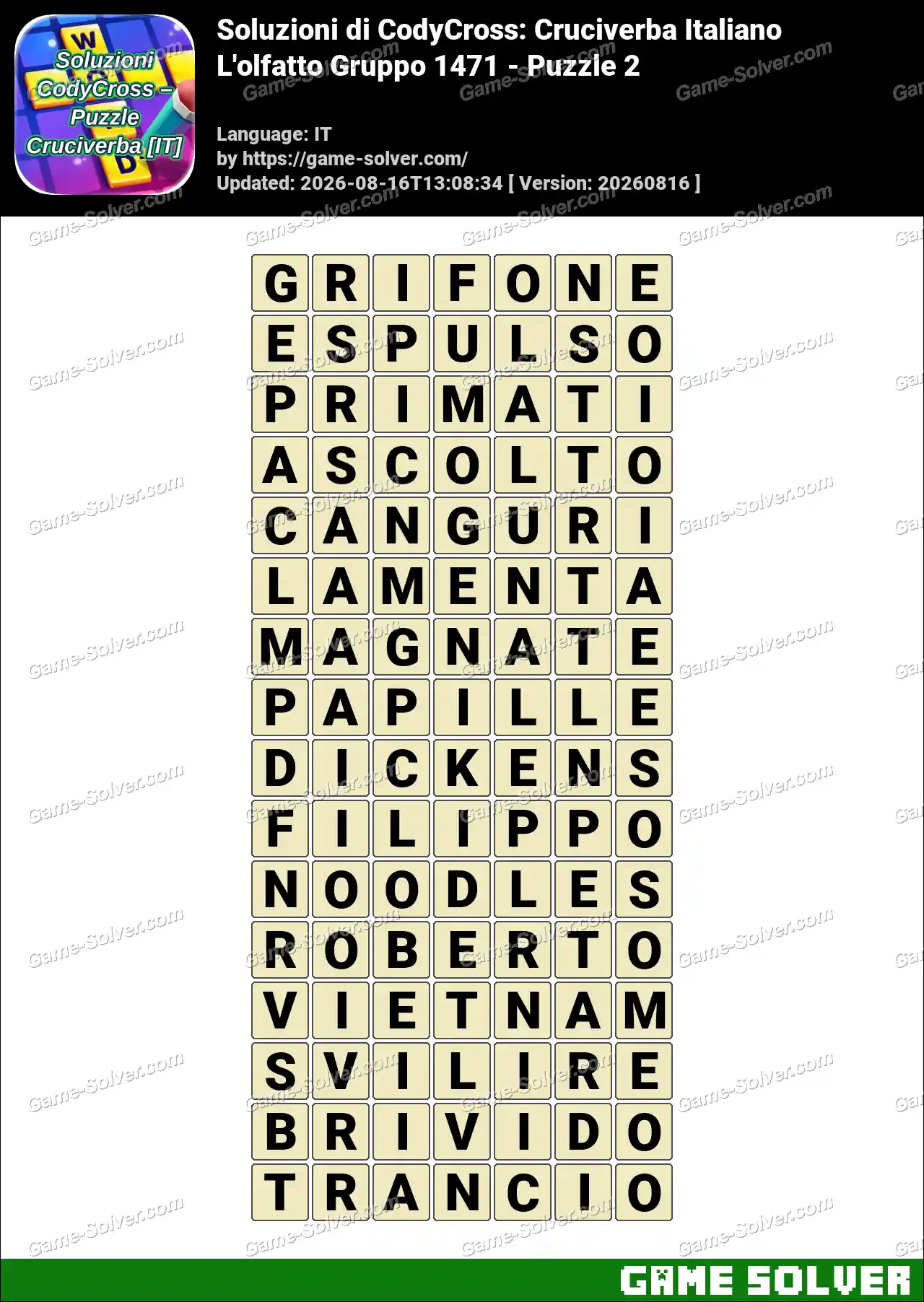 Soluzioni di CodyCross: Cruciverba Italiano L’olfatto Gruppo 1471 – Puzzle 2